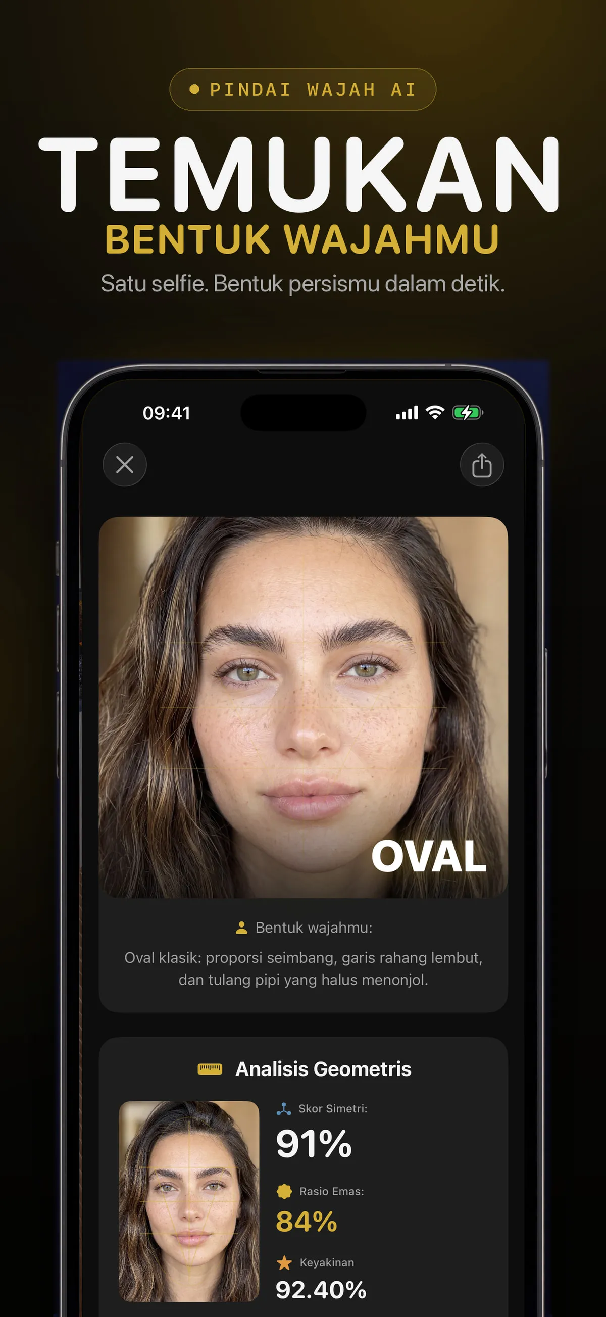 Layar aplikasi FaceForm yang menampilkan perkiraan bentuk wajah