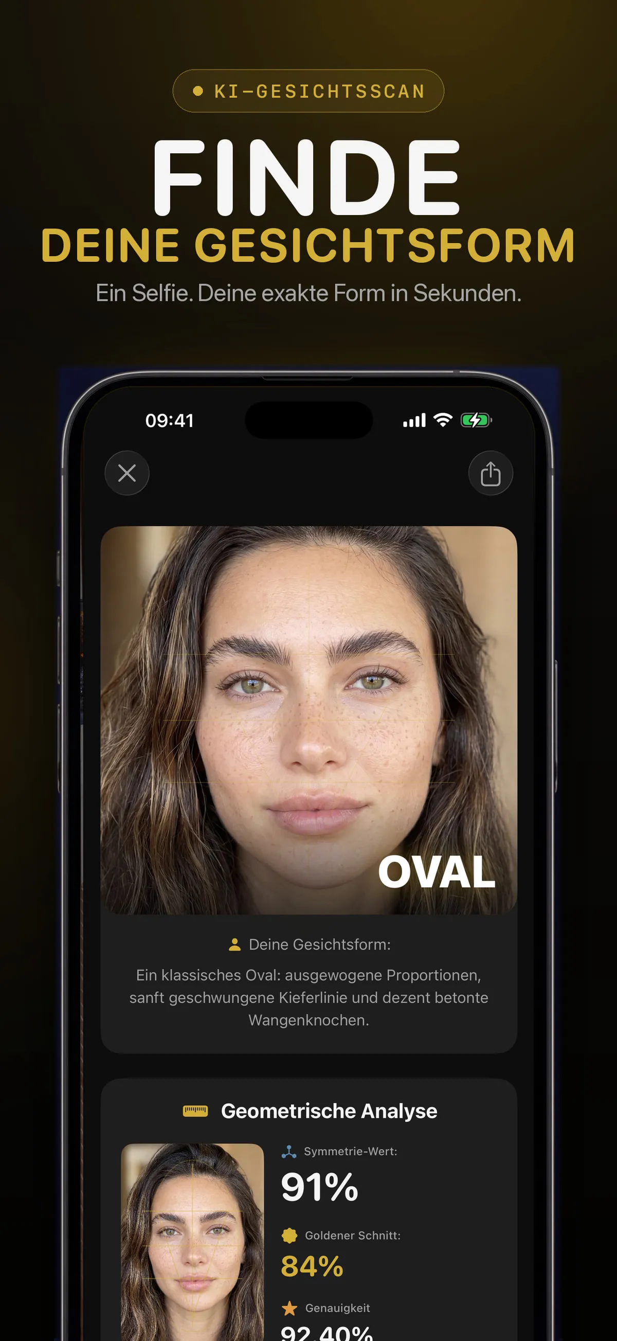 FaceForm-Bildschirm mit einer Schätzung der Gesichtsform