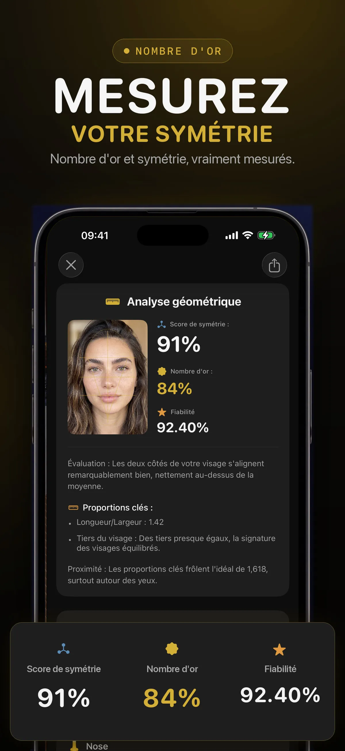 Écran FaceForm affichant les scores de nombre d’or et de symétrie
