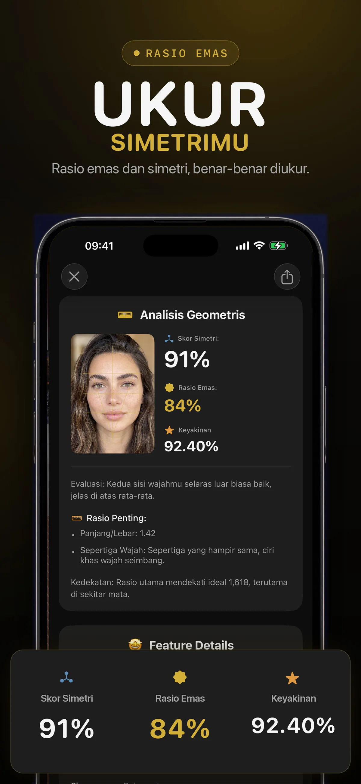 Layar aplikasi FaceForm yang menampilkan skor rasio emas dan simetri hasil aplikasi