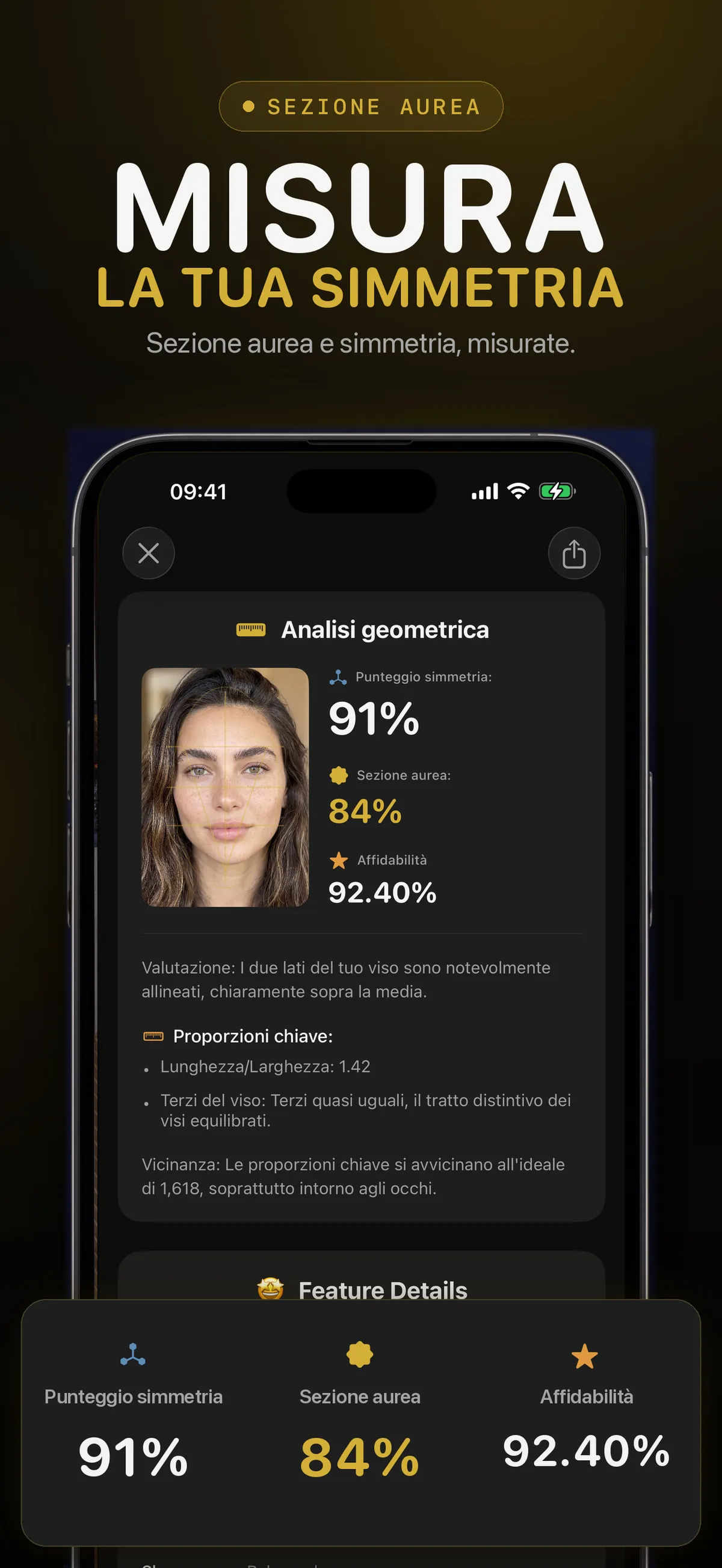 Schermata FaceForm con punteggi generati di rapporto aureo e simmetria