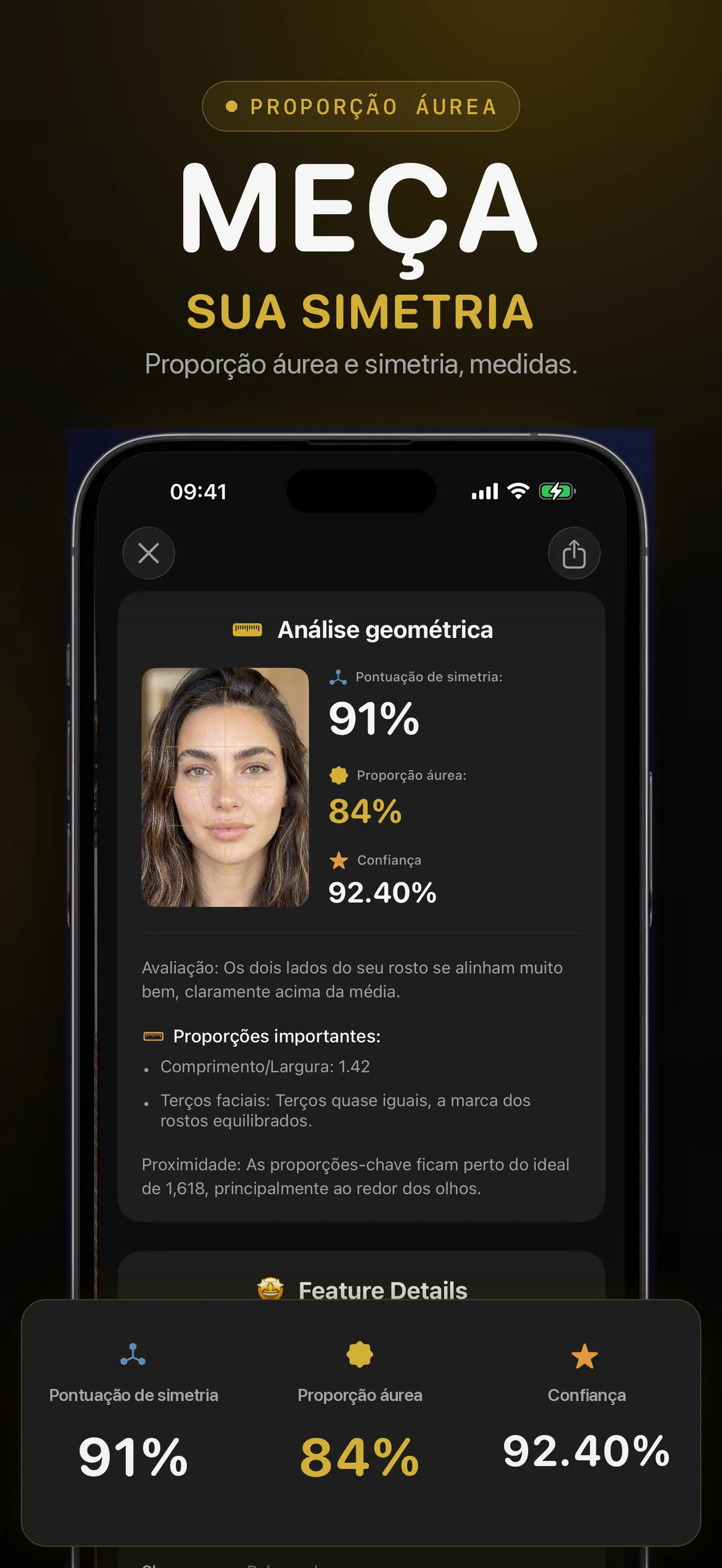 Tela do FaceForm com pontuações geradas de proporção áurea e simetria