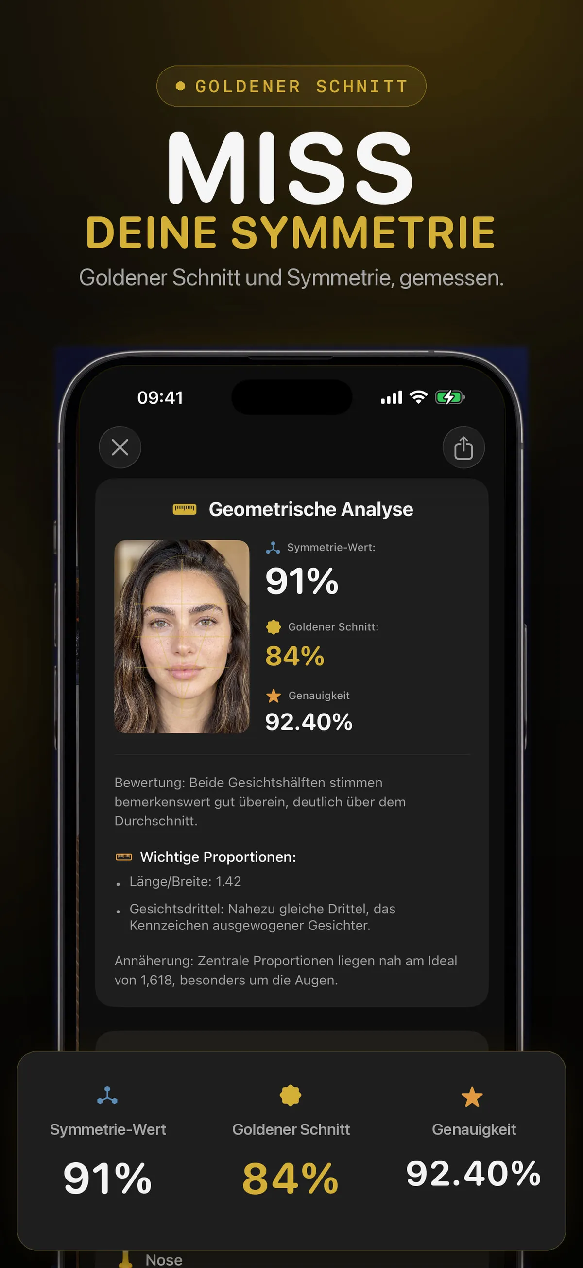 FaceForm-Bildschirm mit Scores zum Goldenen Schnitt und zur Symmetrie