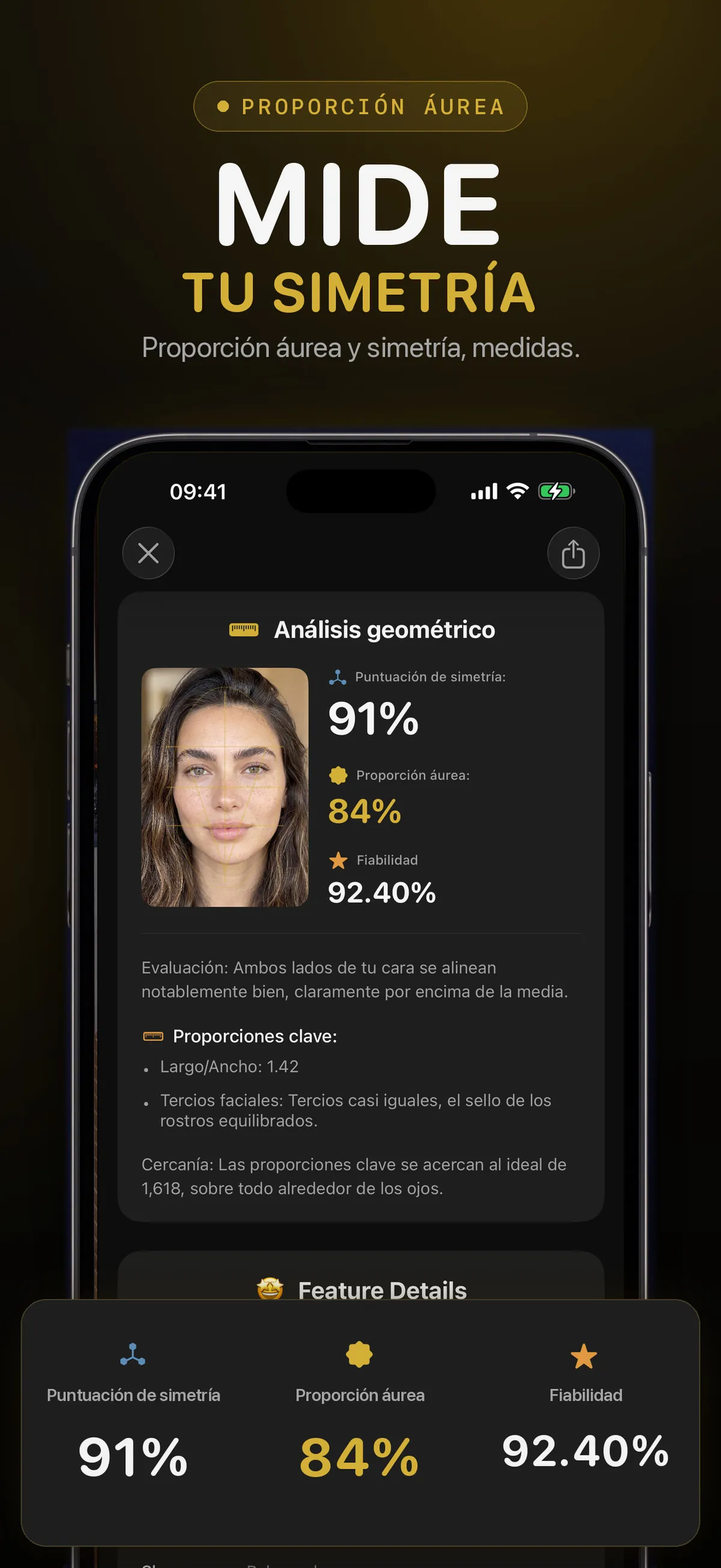 Pantalla de FaceForm con puntuaciones generadas de proporción áurea y simetría