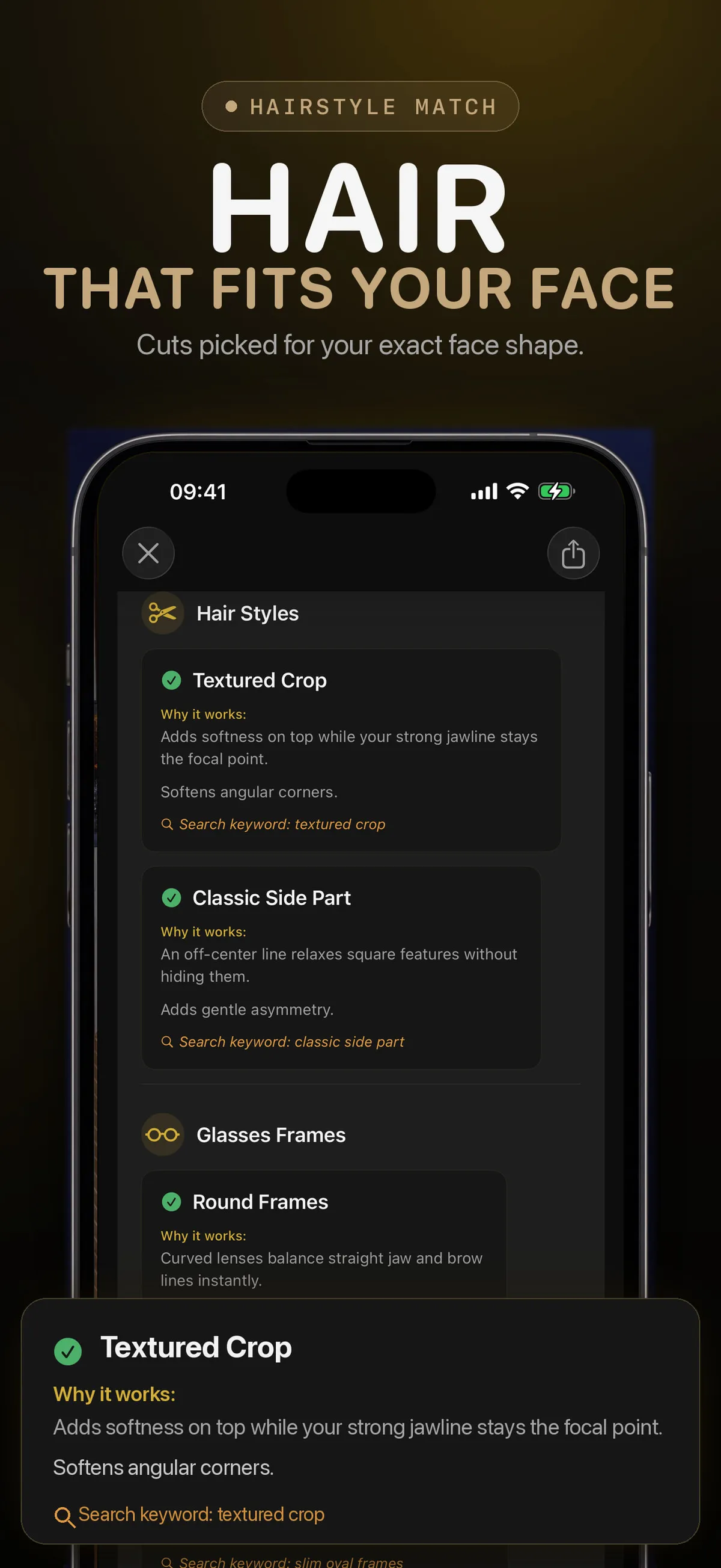 FaceForm app screen with hair-style suggestions