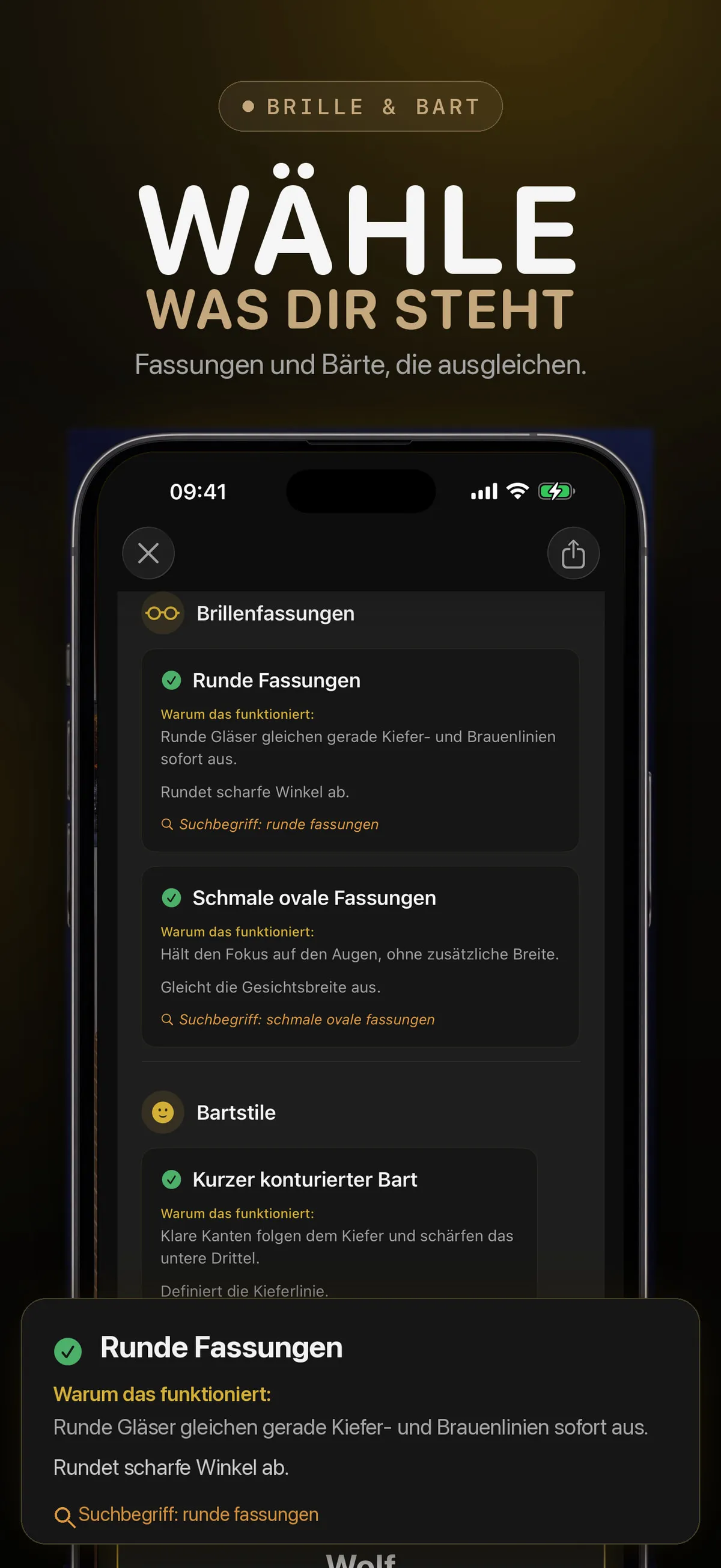 FaceForm-Bildschirm mit Vorschlägen für Brillen und Bart
