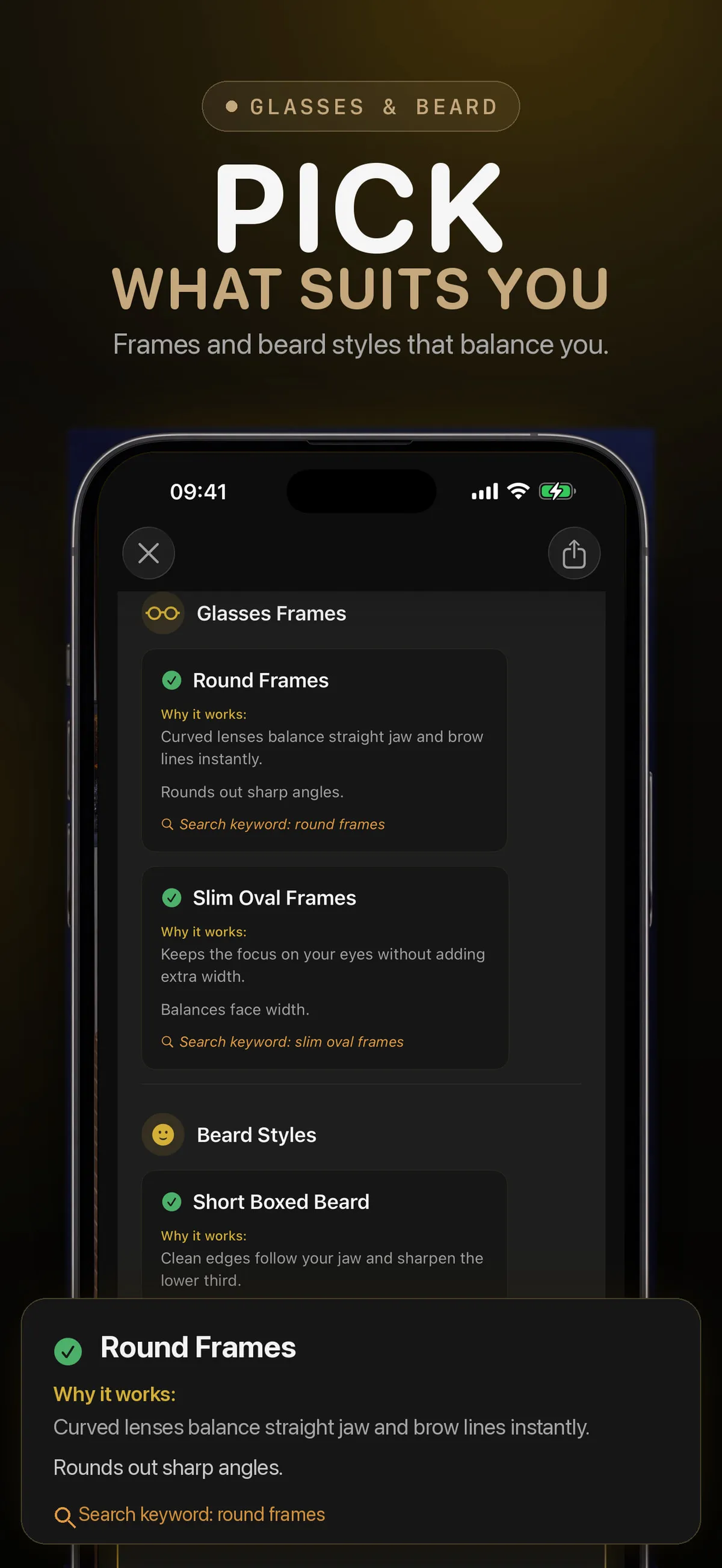 FaceForm app screen with glasses and beard suggestions