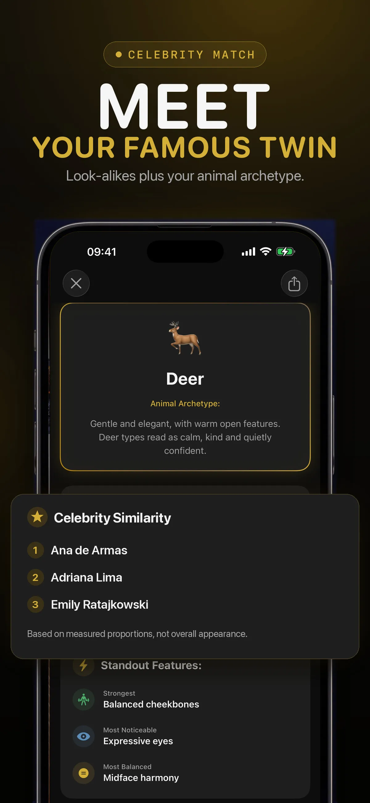 FaceForm app screen with celebrity resemblance matches